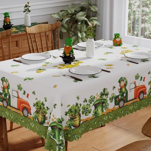 Siilues St Patricks Day Tablecloth Rectangle 60x84 Inch Washable Green Shamrock Lucky St Patricks Tablecloth Spring Waterproof Scalloped Edge Table Cloth Home Party Picnic Table Decorations - Image 1