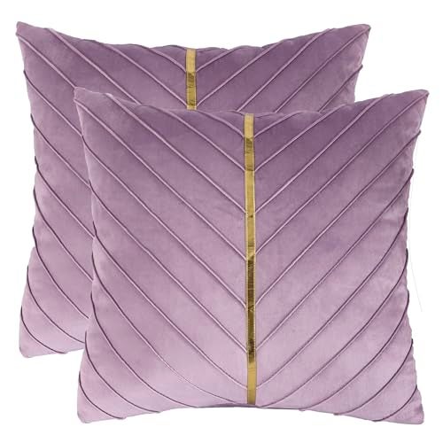 Tosleo Purple Velvet Throw Pillow Covers 18 x 18 inch Pack of 2 with Gold Leather Decorative Couch Pillow Cover Luxury Modern Pillowcases for Living Room Bedroom Sofa Cushion Bed - Image 1