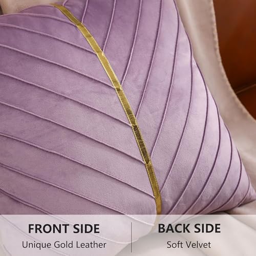 Tosleo Purple Velvet Throw Pillow Covers 18 x 18 inch Pack of 2 with Gold Leather Decorative Couch Pillow Cover Luxury Modern Pillowcases for Living Room Bedroom Sofa Cushion Bed - Image 3