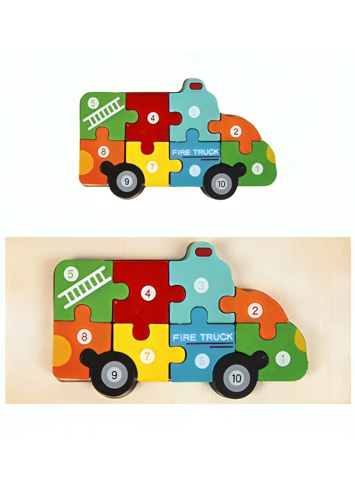 Colorful Wooden 3D Puzzles, Shape Design with Numbers, Teacher Parents Early Learning Support Tools, Attractive Patterns, Montessori Fine Motor Skill Develop Toys, Ideal Kids Gift (Fire Truck Shape) - Image 1
