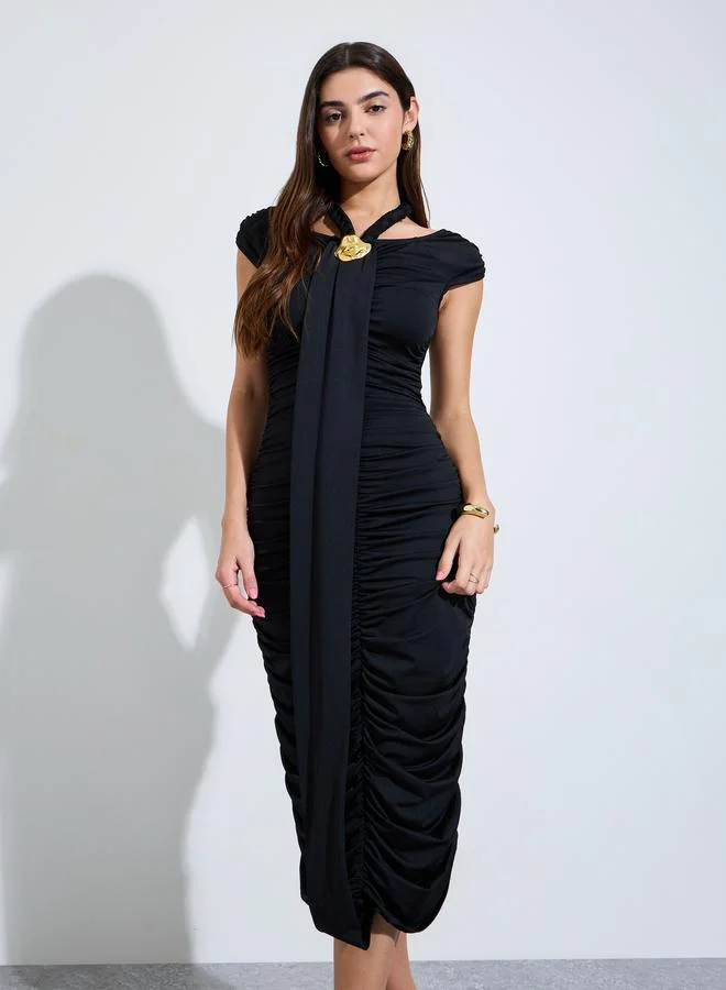 Styli Black Ruched Midi Dress with Metal Decor