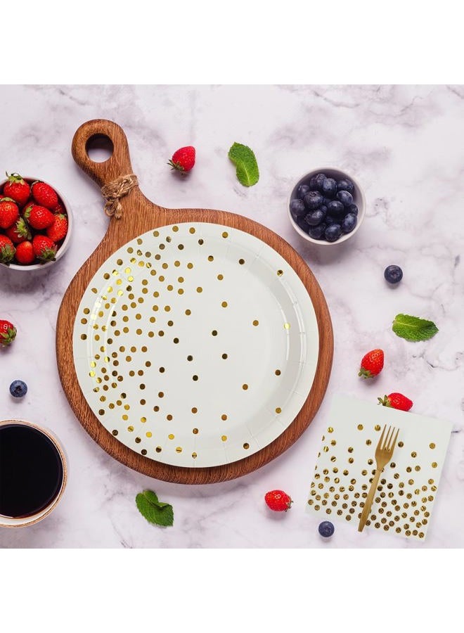 BOKFJBP 75PCS Paper Plates Set, Gold Dot Paper Plates 6.5 Inch Napkins 6.3 Inch Plastic Forks Tableware Set Dessert Plates Party Serve 25 Guests for Birthday Party Decorations (White, 7IN) - Image 3