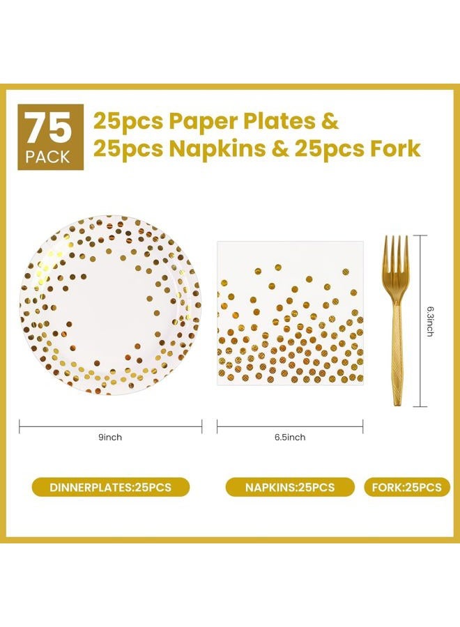 BOKFJBP 75PCS Paper Plates Set, Gold Dot Paper Plates 6.5 Inch Napkins 6.3 Inch Plastic Forks Tableware Set Dessert Plates Party Serve 25 Guests for Birthday Party Decorations (White, 7IN) - Image 2
