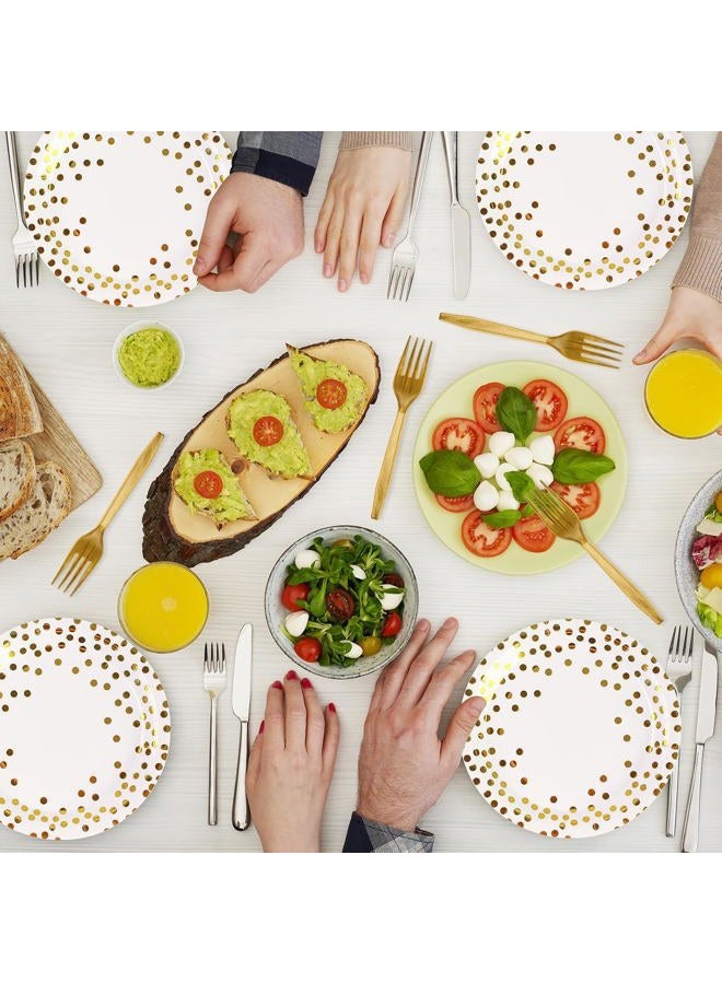 BOKFJBP 75PCS Paper Plates Set, Gold Dot Paper Plates 6.5 Inch Napkins 6.3 Inch Plastic Forks Tableware Set Dessert Plates Party Serve 25 Guests for Birthday Party Decorations (White, 7IN) - Image 5