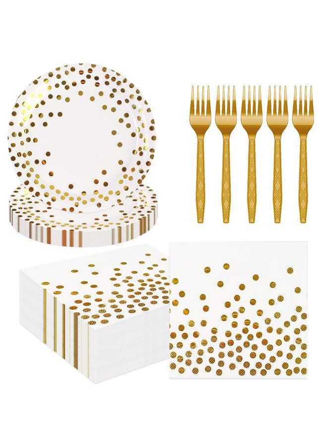 BOKFJBP 75PCS Paper Plates Set, Gold Dot Paper Plates 6.5 Inch Napkins 6.3 Inch Plastic Forks Tableware Set Dessert Plates Party Serve 25 Guests for Birthday Party Decorations (White, 7IN) - Image 1