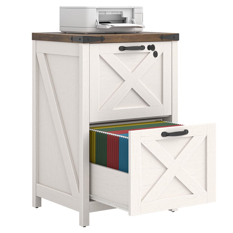 Halitaa 2 Drawer Small File Cabinet with Lock, Farmhouse Vertical Filing Cabinet Fits Letter and A4 Size, Under Desk Wooden File Cabinets for Home Office, Printer Stand, Rustic White - Image 1