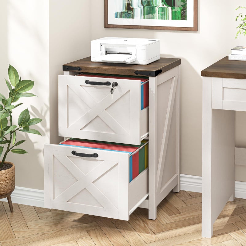 Halitaa 2 Drawer Small File Cabinet with Lock, Farmhouse Vertical Filing Cabinet Fits Letter and A4 Size, Under Desk Wooden File Cabinets for Home Office, Printer Stand, Rustic White - Image 3