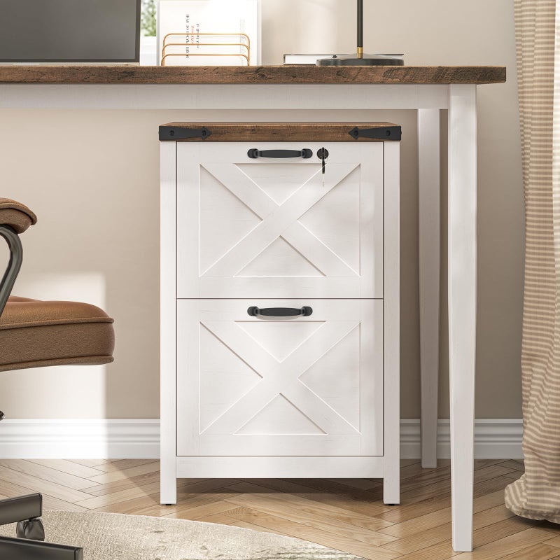 Halitaa 2 Drawer Small File Cabinet with Lock, Farmhouse Vertical Filing Cabinet Fits Letter and A4 Size, Under Desk Wooden File Cabinets for Home Office, Printer Stand, Rustic White - Image 2