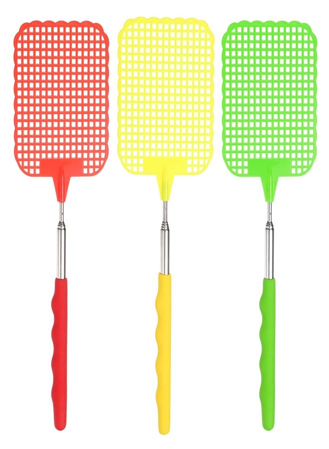 M METERXITY 3-Pack Fly Swatter for Indoors, Plastic Fly Swatter Heavy Duty with Stainless Steel Telescopic Handle for Summer Home/Kitchen/Indoor/Outdoor/Classroom [Yellow, Green, Red] - Image 1