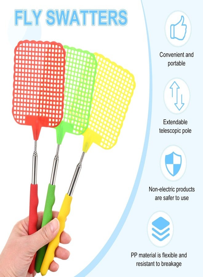 M METERXITY 3-Pack Fly Swatter for Indoors, Plastic Fly Swatter Heavy Duty with Stainless Steel Telescopic Handle for Summer Home/Kitchen/Indoor/Outdoor/Classroom [Yellow, Green, Red] - Image 2