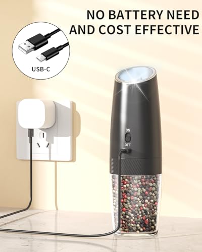 CircleJoy CIRCLE JOY Rechargeable Salt and Pepper Grinder Set Gravity Electric Salt and Pepper Grinder Set, LED Light, Adjustable Coarseness, for Home Kitchen BBQ, Black & White - Image 3
