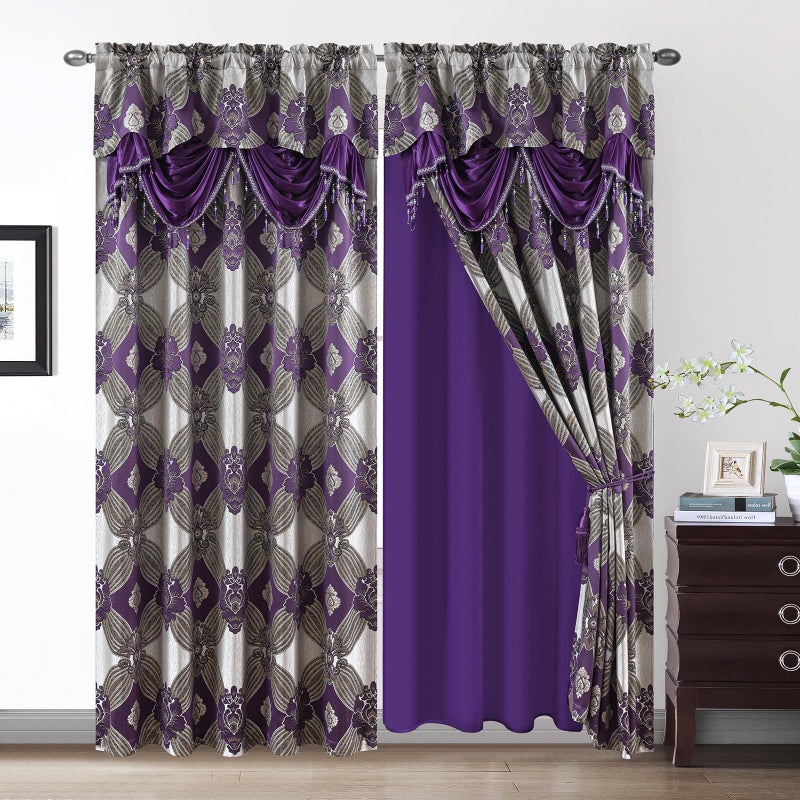 Petrichor Elegant Curtains with Gold Silver Threads 2 Panels Set - Luxury Window Treatment Attached Valance, Sheer Backing, and 2 Tie Backs for Bedroom and Living Room, 54x63 inches, Purple - Image 1