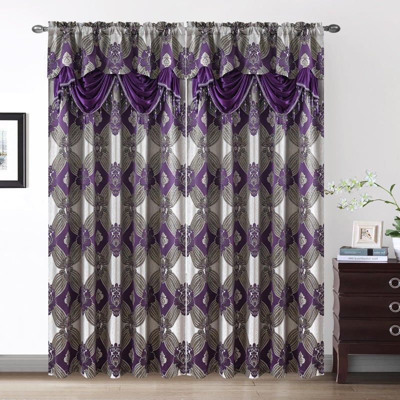 Petrichor Elegant Curtains with Gold Silver Threads 2 Panels Set - Luxury Window Treatment Attached Valance, Sheer Backing, and 2 Tie Backs for Bedroom and Living Room, 54x63 inches, Purple - Image 2