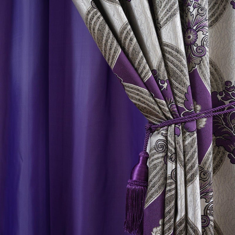 Petrichor Elegant Curtains with Gold Silver Threads 2 Panels Set - Luxury Window Treatment Attached Valance, Sheer Backing, and 2 Tie Backs for Bedroom and Living Room, 54x63 inches, Purple - Image 3