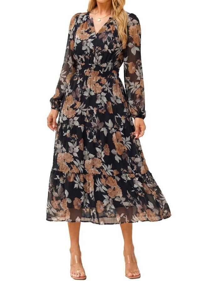 SIMPLEE Women's Floral Boho Long Sleeve Maxi Dress V Neck Empire Waist Swing Flowy Wedding Guest Dress, Black Yellow Floral, XL - Image 1