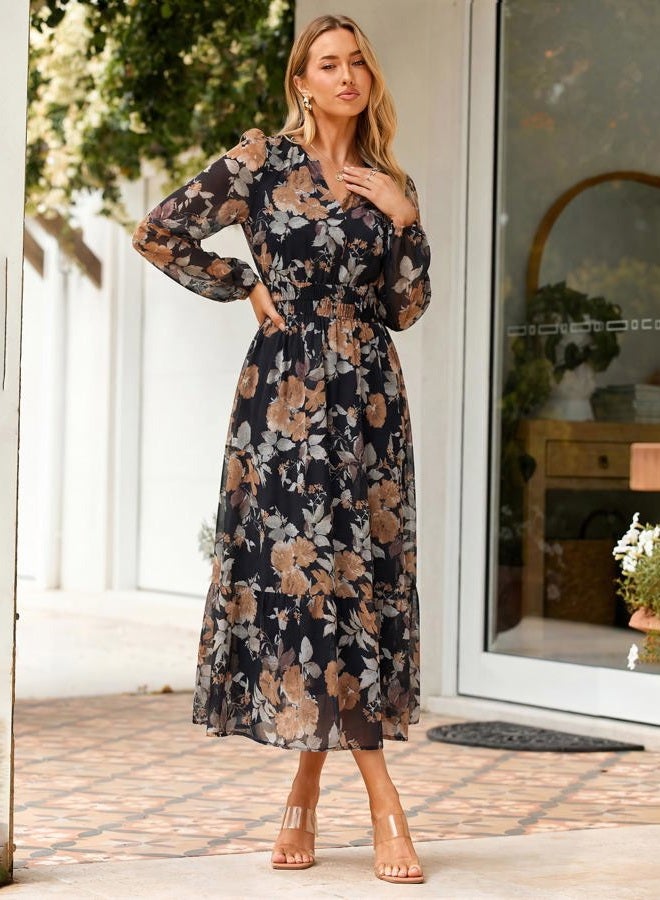 SIMPLEE Women's Floral Boho Long Sleeve Maxi Dress V Neck Empire Waist Swing Flowy Wedding Guest Dress, Black Yellow Floral, XL - Image 3