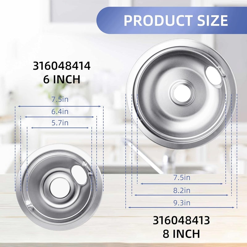 Pulluty Drip Pans for Electric Stove Compatible with Frigidaire,Tappan,Kenmore Stove Drip Pans, Thickening design, Includes 2 x 6-Inch and 2 x 8-Inch Drip Bowls(Model 316048413 & 316048414) - Image 2