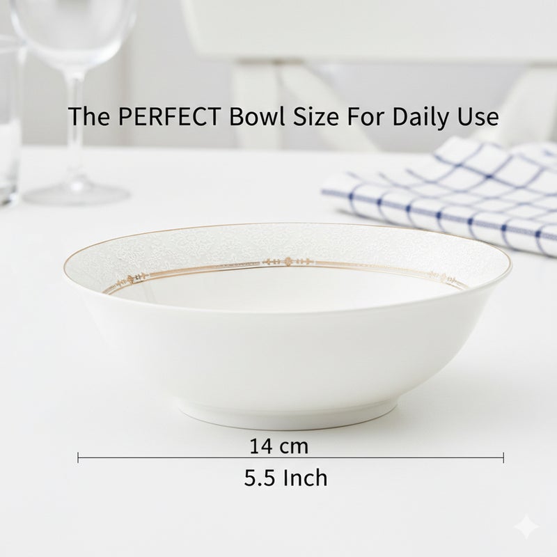 Shallow ISLA New Bone China Bowl 14 cm -  6 piece Set  Classic White Multipurpose Bowl for Daily Use, Brunch, Ramadan, Eid, Diwali, Coffee Station & Gifting (Set of 6) - Image 3