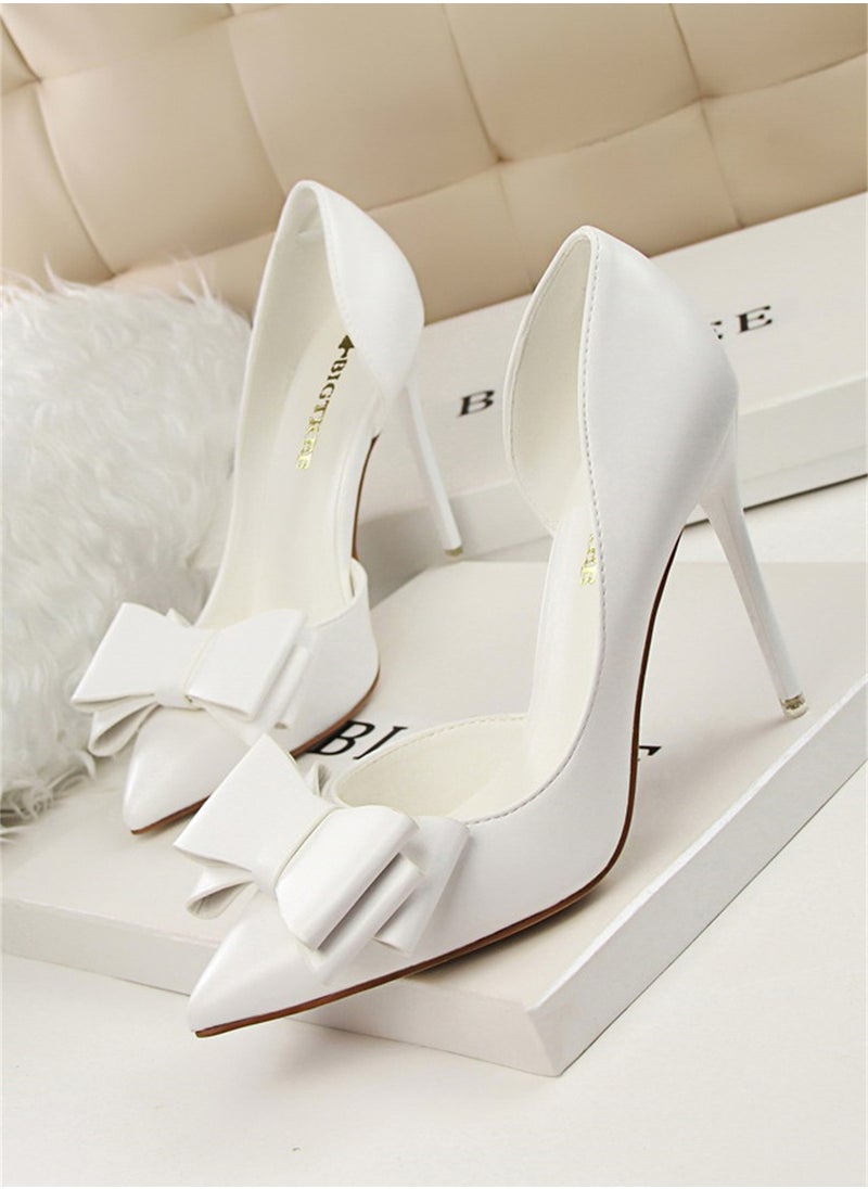 BIGTREE 10.5cm Fashion Bow High Heels Shallow Mouth Pointed Side Hollowed Out Single Shoes White  - Image 1