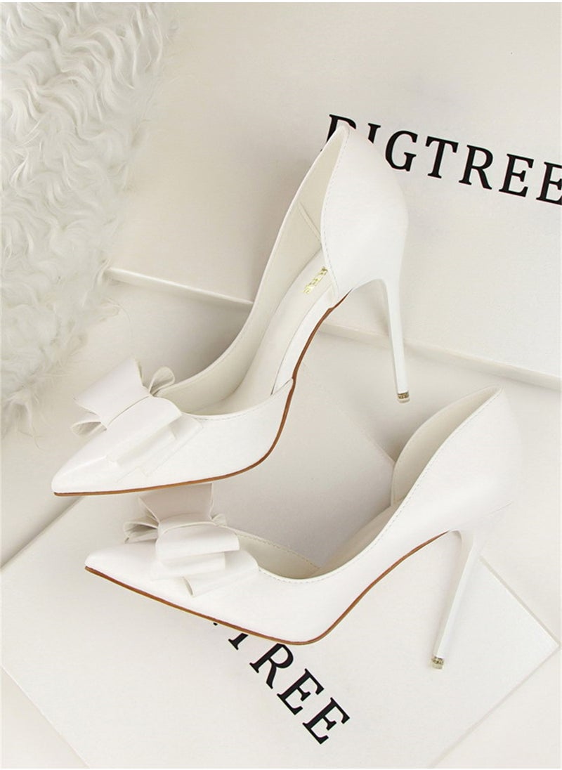 BIGTREE 10.5cm Fashion Bow High Heels Shallow Mouth Pointed Side Hollowed Out Single Shoes White  - Image 2