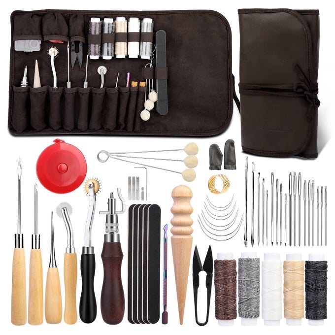 55 PCS LEATHER SEWING KIT LEATHER WORKING TOOLS SET DIY CRAFT TOOLS WITH WOOL DAUBERS SEWING AWL STITCHING GROOVER WAXED THREAD UPHOLSTERY REPAIR KIT FOR DIY CRAFT MAKING