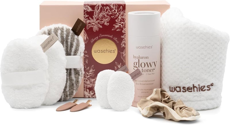 Waschies Deluxe Beauty Gift Box Includes Reusable Makeup Remover Exfoliating Toner Pads Hair Towel Glowy Toner Hair Accessories EcoFriendly Gift Set Suitable For All Skin Types