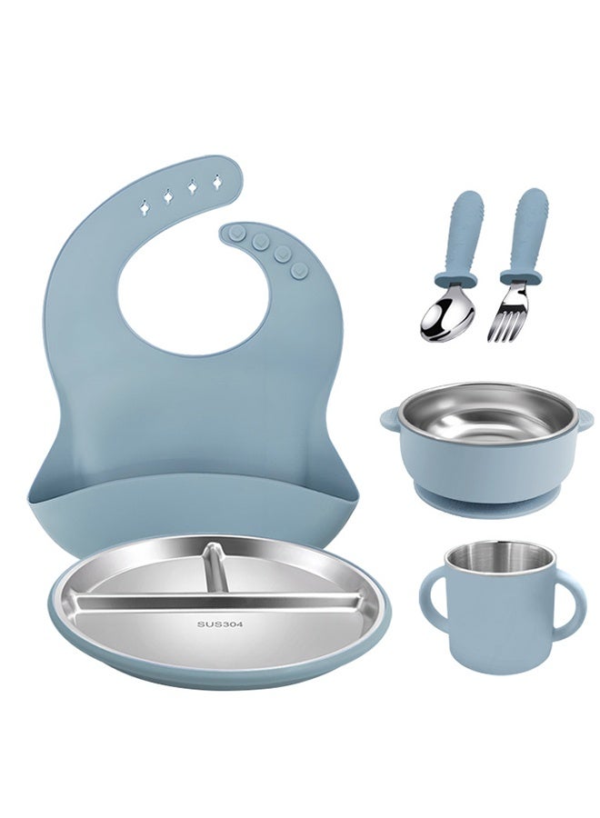 bebeFuture 10-Piece Premium Stainless Steel Baby Feeding Set - Gray Blue Kids Dinnerware with Divided Plate, Bowl, Cup, Utensils, Food Feeder & Toothbrush - Image 1