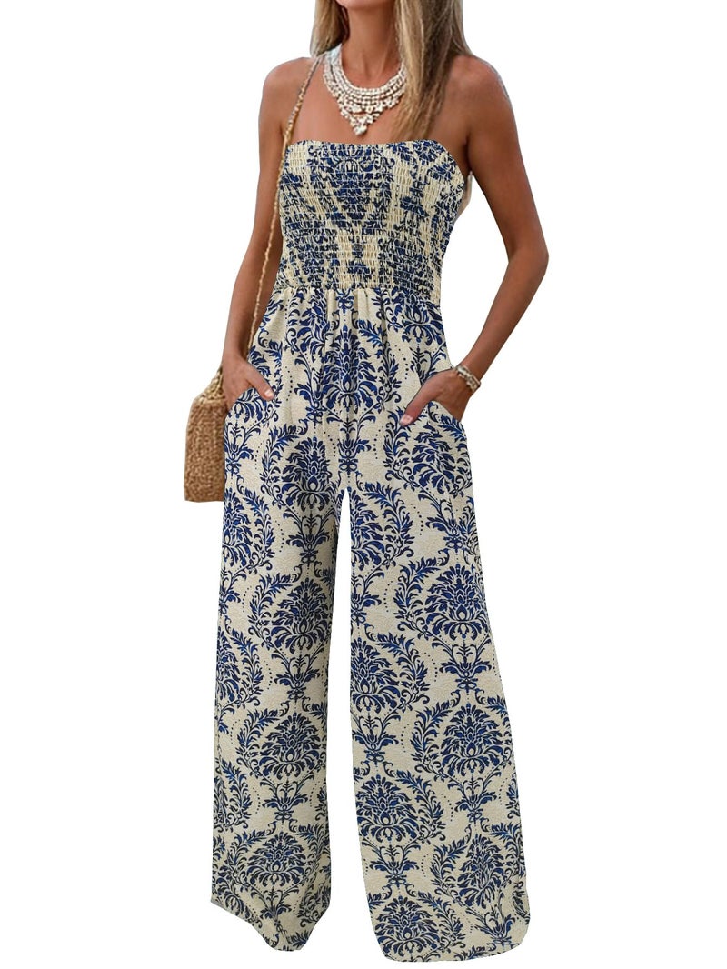 AUXDIO Womens Casual Strapless Summer Jumpsuits Loose Off Shoulder Smocked Sleeveless Wide Leg Romper with Pockets 14 Large - Image 1