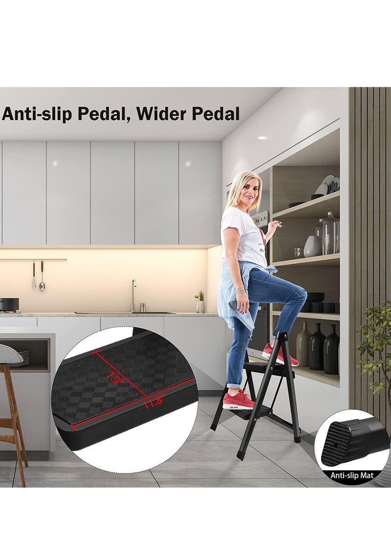 2 Step Stool Step Ladder Folding for Kitchen Home Closet Heavy Duty Adults Foldable Small Stepladder Lightweight Little Two Stepstool Collapsible Stepladders Portable for Home Kitchen Garden and Office Stepping Stool Black - Image 2