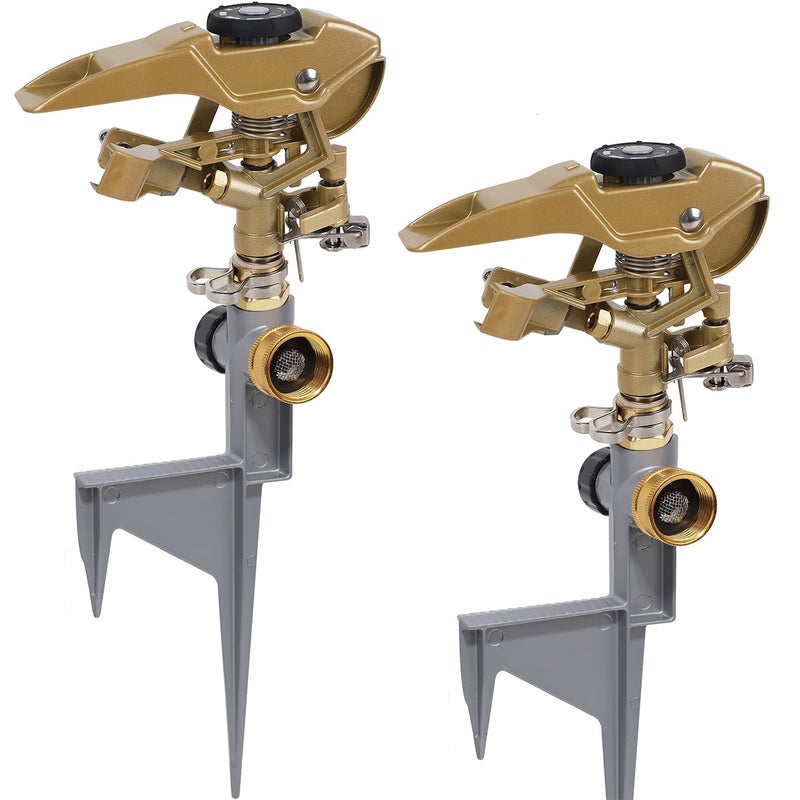 Biswing 2 Pack Impact Sprinklers on Metal Step Spike, Heavy Duty Zinc Alloy Lawn Sprinkler Head on Spike Base, Adjustable 360 Degree Watering Sprinkler for Large Area Grass Garden Irrigation - Image 1