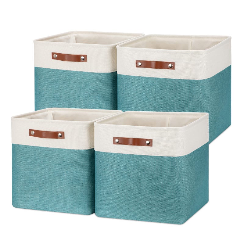 Temary Fabric Storage Cubes 13x13 Storage Baskets for Organizing 4Pack Large Fabric Storage Bins with Handles Cube Storage Baskets for Storage Clothes Books WhiteTeal