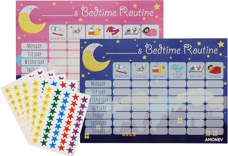 Amonev Bedtime Routine Chart Reward Chart for Sleep Training Twin Pack chart for Boys Girls toddlers and young children with 225 stars stickers included - Image 1