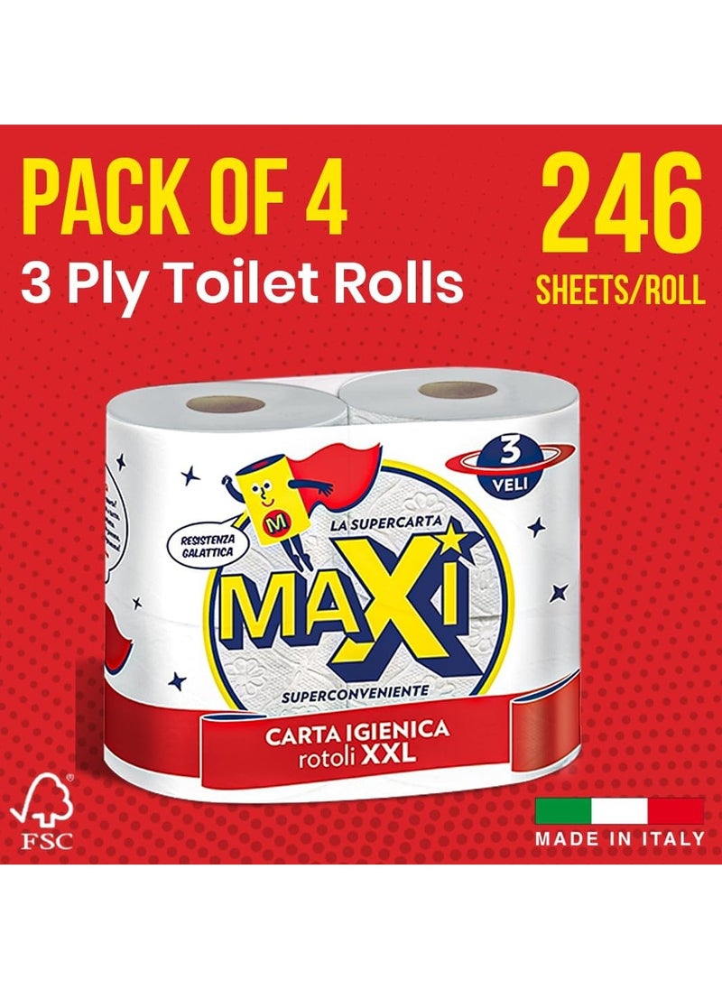 Maxi Supercarta 3-Ply Giant Tissue Paper Toilet Rolls - 4 Rolls, 246 High Absorbent Sheets per Roll - Extra Soft, Durable & Highly Absorbent Tissue  - Image 2