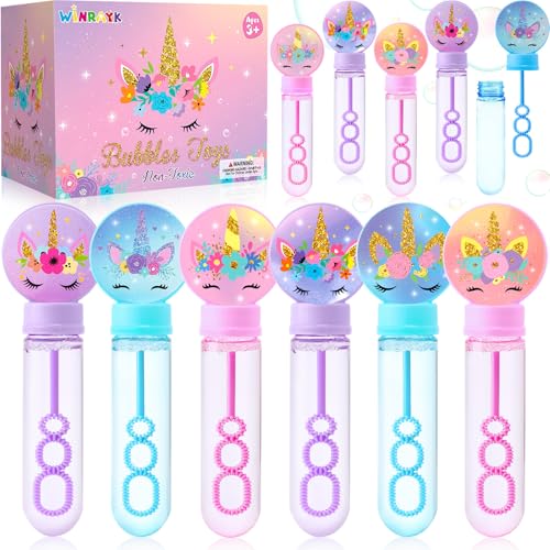 Winrayk 24 Large Unicorn Bubble Wands with Gift Box Kids Unicorn Party Favors Pastel Bubbles Bulk 6 Style 3 Color Pinata Filler Goodie Bag Stuffer Carnival Prize Summer Girls Birthday Supplies - Image 1