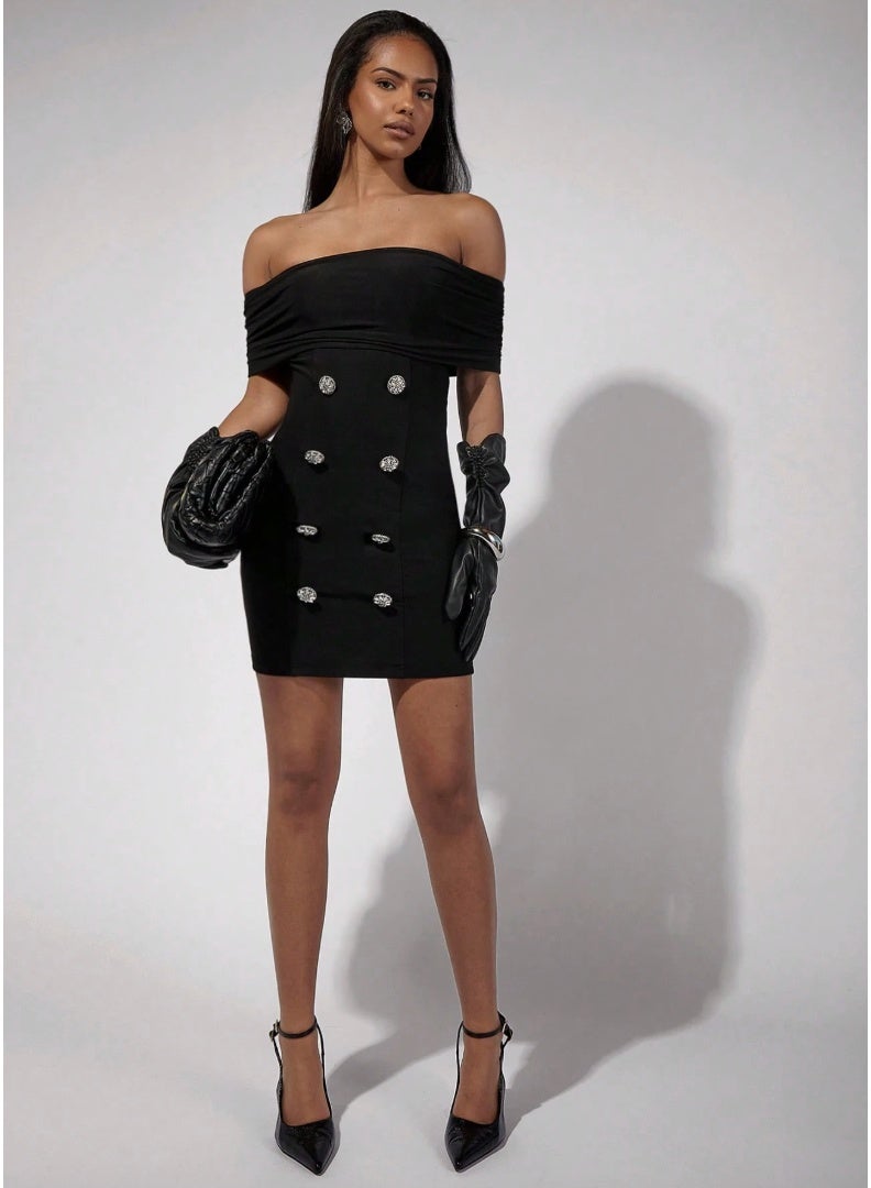 SHEIN Women's Elegant Solid Off Shoulder Buttoned Fitted Mini Dress - Image 5