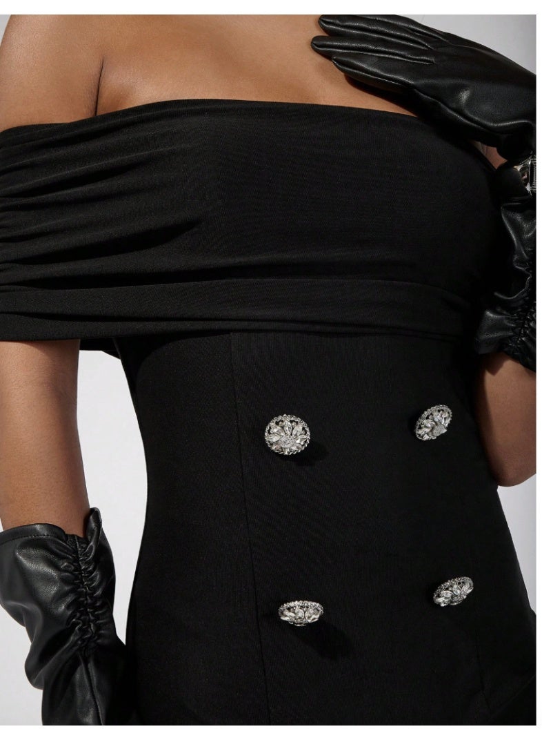 SHEIN Women's Elegant Solid Off Shoulder Buttoned Fitted Mini Dress - Image 2