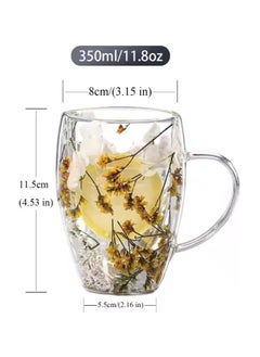 CRISTAL Double Walled Coffee Cups 350ml - Borosilicate Glass Mugs with Real Dry Flowers, Insulated Tea and Coffee Cups, Gift Set for Holiday and Valentine's Day (yellow& white)  - Image 3