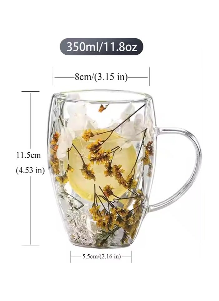 كريستال Double Walled Coffee Cups 350ml - Borosilicate Glass Mugs with Real Dry Flowers, Insulated Tea and Coffee Cups, Gift Set for Holiday and Valentine's Day (yellow& white)  - Image 3