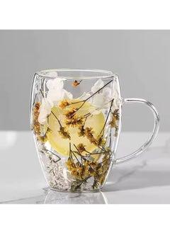 CRISTAL Double Walled Coffee Cups 350ml - Borosilicate Glass Mugs with Real Dry Flowers, Insulated Tea and Coffee Cups, Gift Set for Holiday and Valentine's Day (yellow& white)  - Image 1
