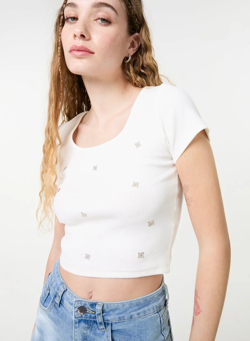 Pink Vanilla  Embellished Wash Rib Top for Women | Best Price UAE