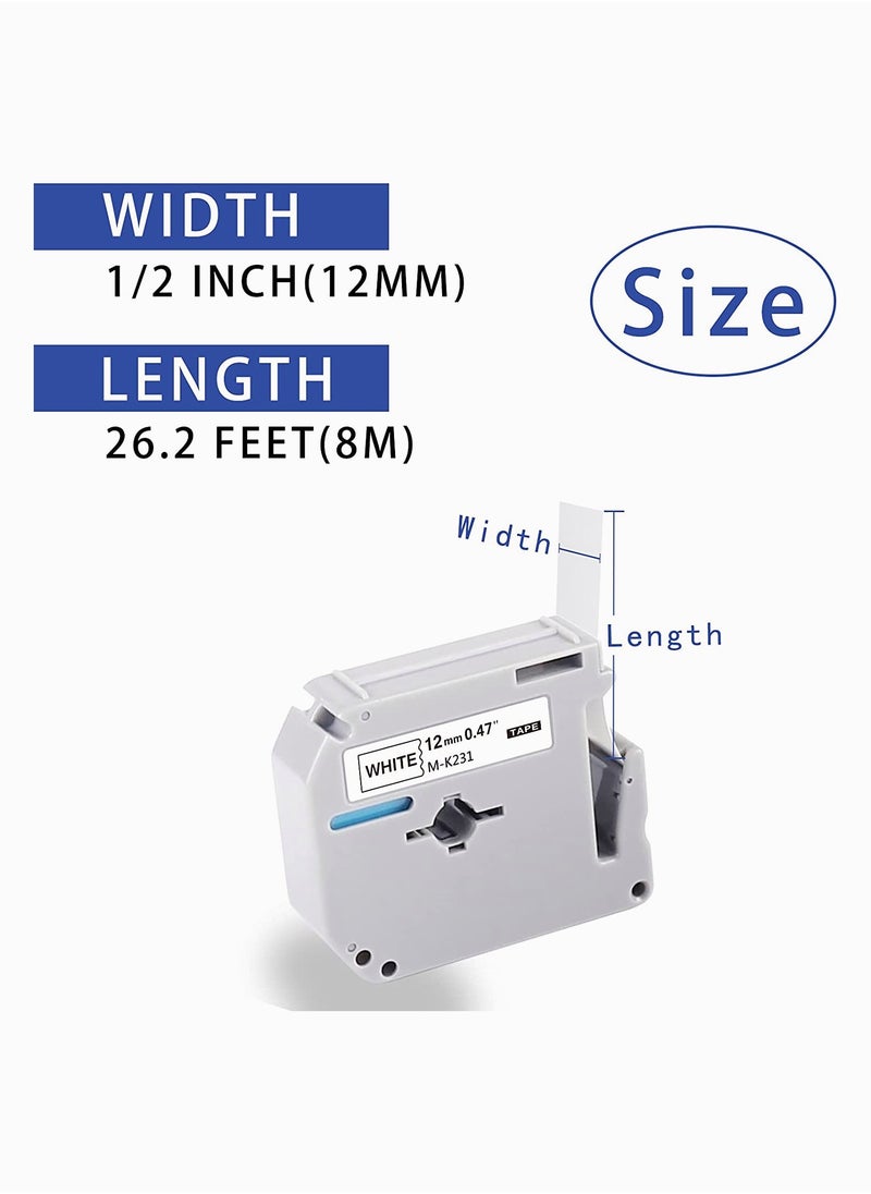 SYOSI - 5PK 12mm 0.47 M-K231s M Tape Compatible with Brother M Tape 12mm 0.47 White M-k231 M-k231s, Black on White for Brother 12mm 1/2 M Tape Label Maker Tape for Brother PTouch PT-65 PT-80PT-M95 PT-70 - Image 1
