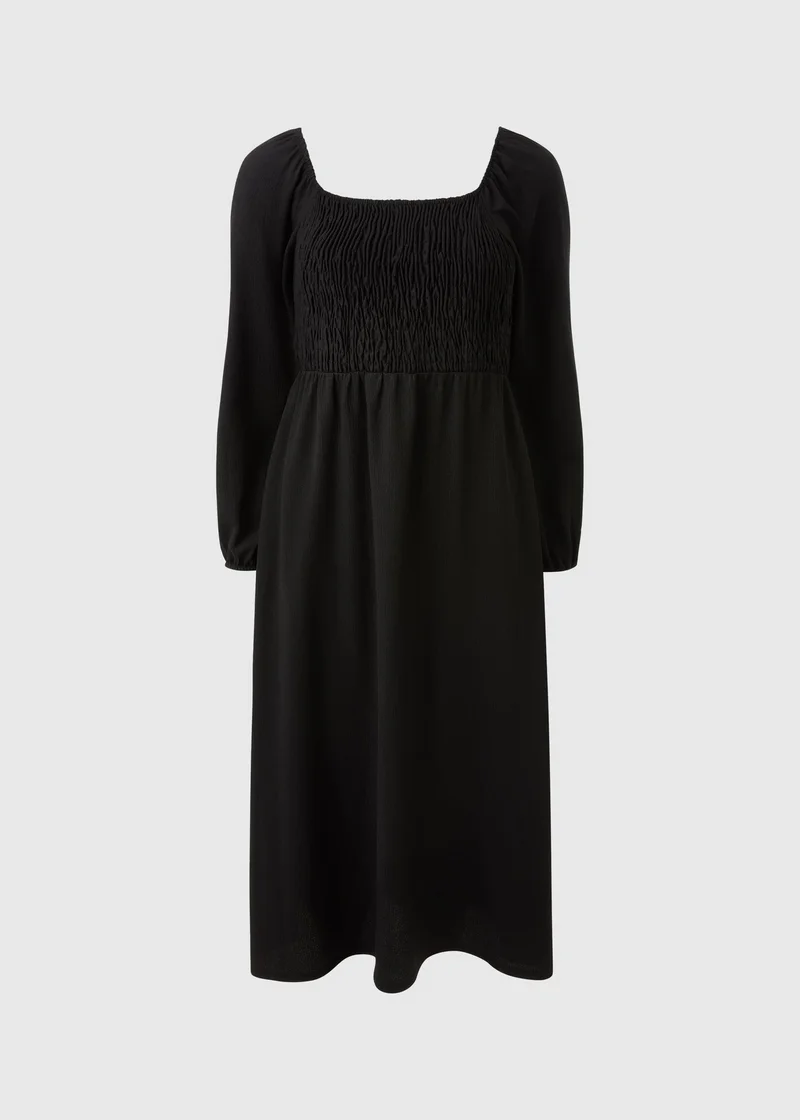 Black Shirred Long Sleeve Midi Dress