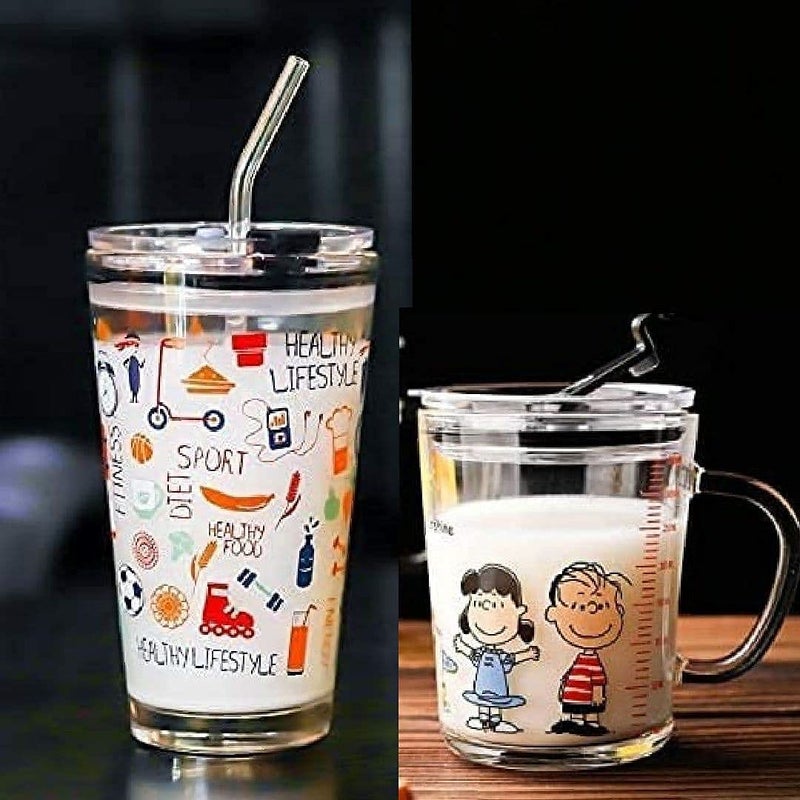 KELVEE Glass Mug Random Design Cartoon Pattern Creative Multipurpose Drinking Measuring MugCup with Silicone Straw and Lid 350ml400ml Pack of 2 Dolphin Printed - Image 1