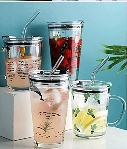 KELVEE Glass Mug Random Design Cartoon Pattern Creative Multipurpose Drinking Measuring MugCup with Silicone Straw and Lid 350ml400ml Pack of 2 Dolphin Printed - Image 4