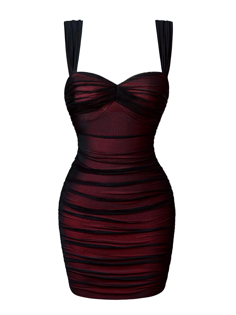 LAGSHIAN Women's Summer Sexy Bodycon Sleeveless Tank Straps Mesh Ruched Mini Party Dress Black Red - Image 1