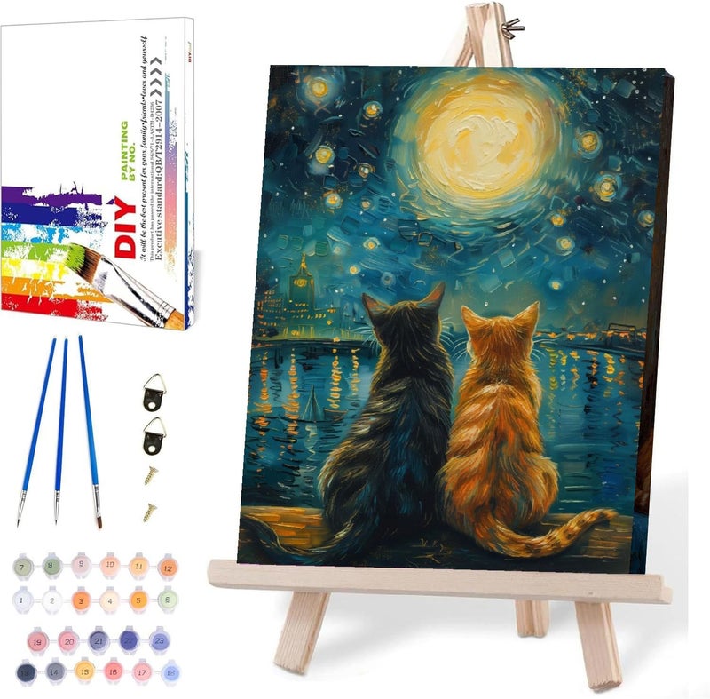 Clendo Cat Paint by Numbers for Adults with Easel, Framed Painting by Numbers kit on Canvas for Beginners, Starry Night Oil Painting Set Craft Supplies, 3 Paintbrushes and Acrylic Paint 12x16 Inch - Image 1