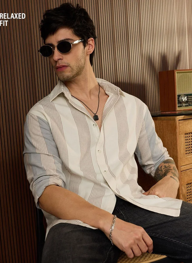 The Souled Store Men Relaxed Fit Striped Off White Casual Shirt
