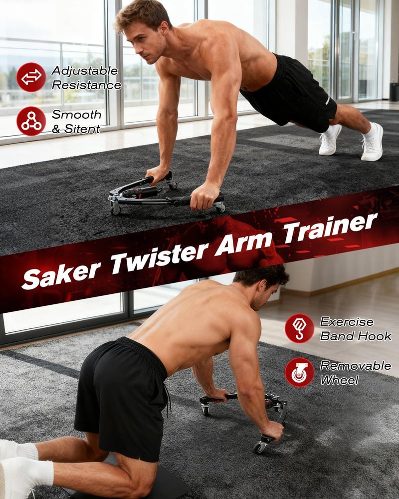 Saker Twister Arm Trainer - 3-in-1 Hydraulic Chest Workout Equipment with Ab Roller Wheel, Adjustable 22-440lbs for Home Gym - Image 2
