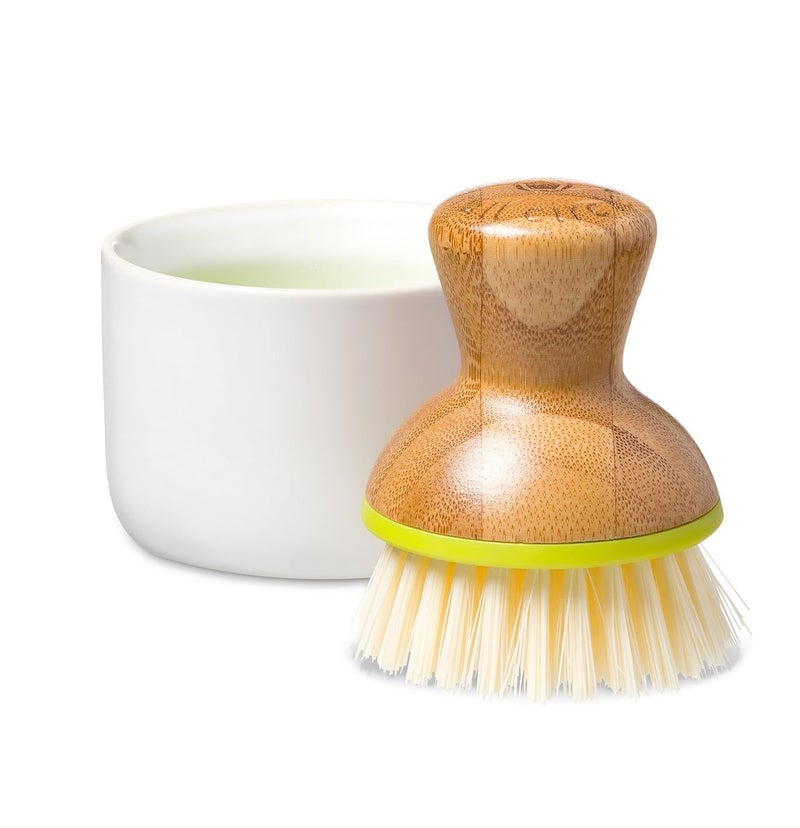 Full Circle Full Circle Bubble Up Bamboo Dish Brush Ceramic Soap Dispenser Scrub Set for Dishes Nonstick and Cast Iron Kitchen Cleaning Tool with Natural Bamboo HandleWhite 