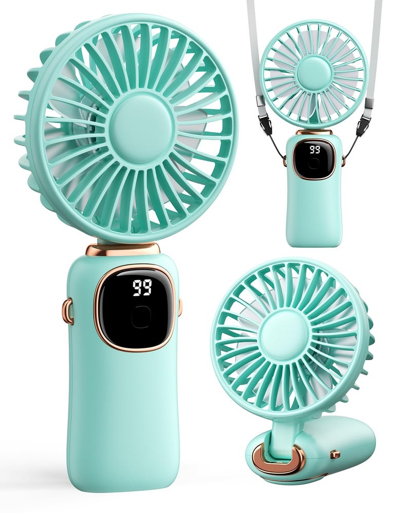 Portable Handheld Fan 4000mAh Battery Operated Fan with LED Display HandheldNeckDesk 3 in 1 Personal Small Fans 90 Foldable Desk Fan with Base 5 Speed Makeup Lash Fan for Women Green